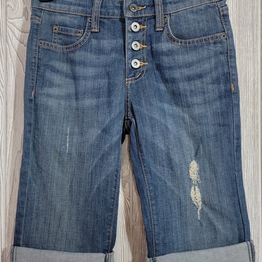 New Carmar Stretch Denim Mid-Rise Bermuda Jean Shorts Raw Hem 26 Distressed Sz 2